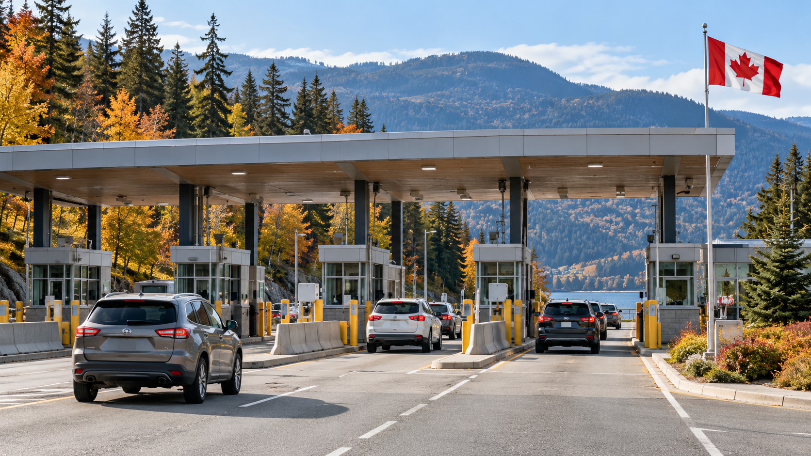 Canadian land border checkpoint with inspection booths, vehicle lanes and a Canadian flag